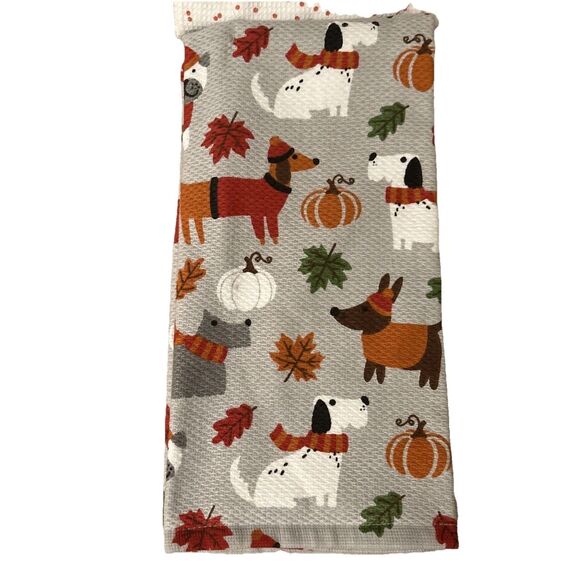 Casaba French Bulldog Fall Kitchen Towels Pumpkins & Leaves Thanksgiving NWOT - Picture 5 of 7